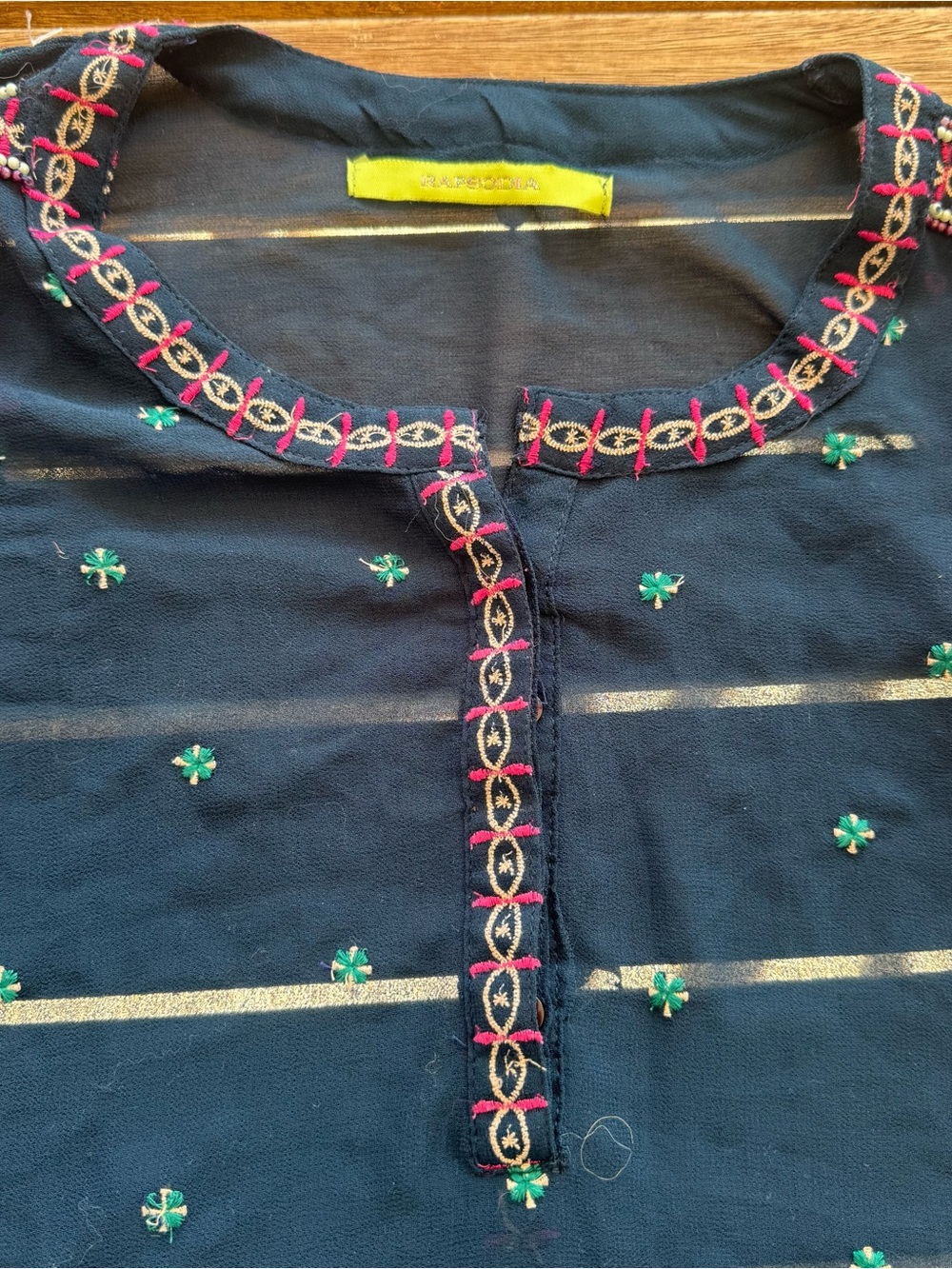 SHEER - Barbour Navy Embroidered Split-Neck Tunic